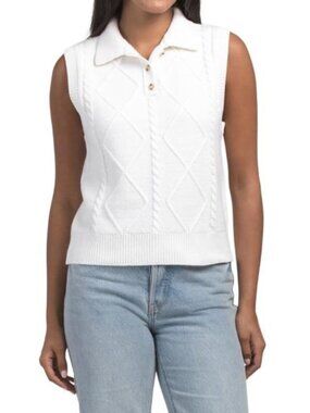 VINCE Wool Blend Cable Knit Polo Vest